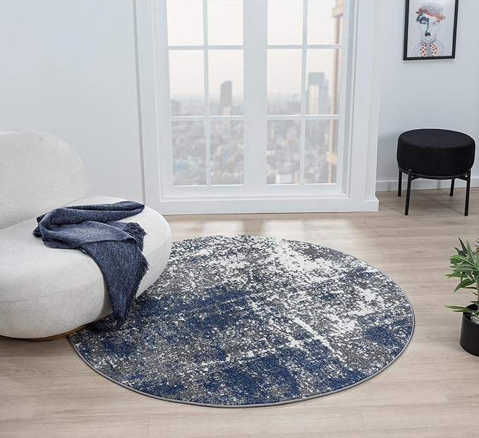 Keen Home Design Area Rugs - 5ft Round Non-Shedding, Abstract Rugs for Kitchen, Living Room, Bedroom, Dining Room, Entryway - Size: 5'3" Round, Navy/Grey/White