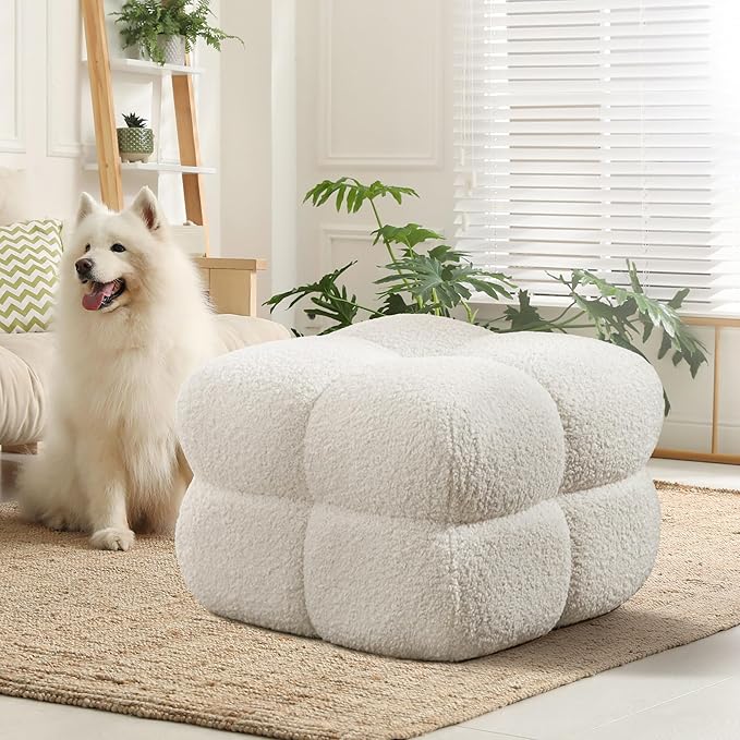 ONEVOG 21" Cream White Modern Ottoman, Square Fuzzy Couch Sherpa Pouf Ottoman, Tufted Fluffy Boucle Fabric Foot Stools, Upholsered Footrest & Coffee Table for Living Room Bedroom, Cute Pouf Home Decor