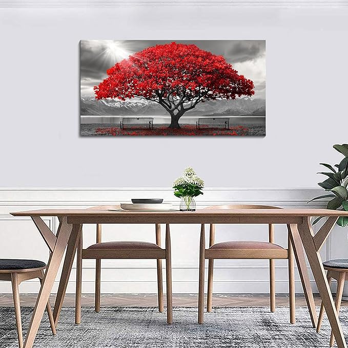 AJAZIKO Red Wall Art - Modern Framed Wall Art for Living Room - Red Tree Black and White Landscape Canvas Prints Posters & Prints for Home Office Bedroom Decorations - Large Wall Pictures 20×40IN