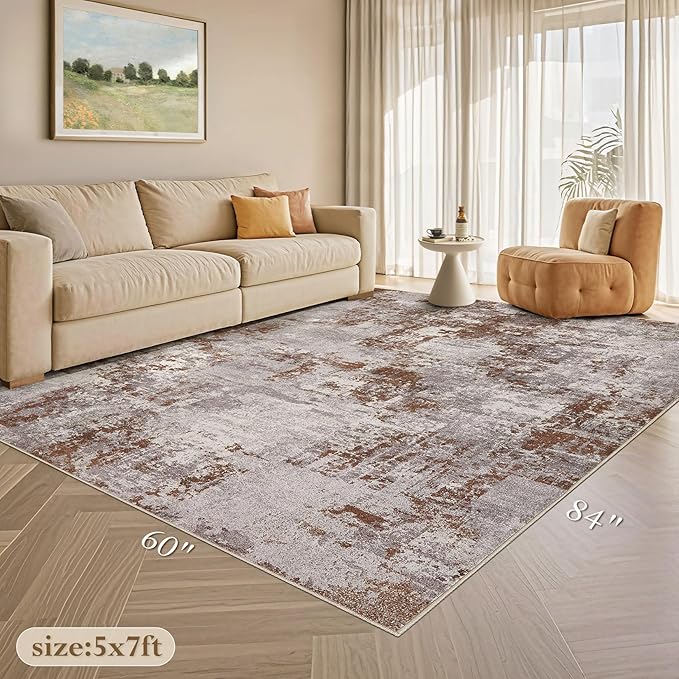 Tortania Washable 5x7 Area Rug for Living Room: Modern Abstract Neutral Large Soft Thin Rugs - Non Slip Indoor Carpet for Bedroom Dining Room Office Nursery Home Floor Decoration - Brown