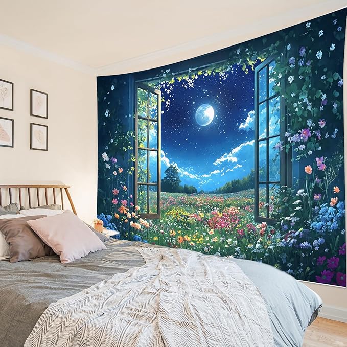LB Wildflower Moon Tapestry, Green Plant Outside Window and Colorful Floral Wall Tapestry for Bedroom, Garden Wall Art for Living Room Dorm Home Decor Ready to Hanging, 92.5 x 70.9 Inches