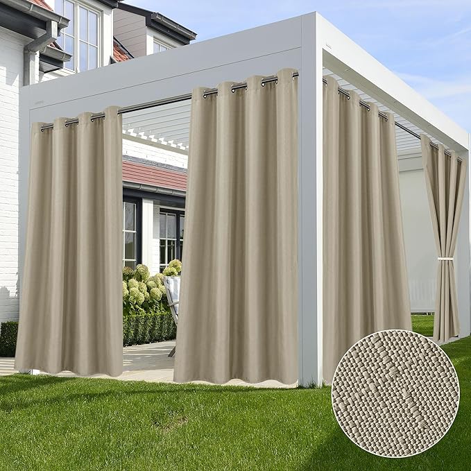 HolidayIdeas 4 Panels Linen Outdoor Curtains for Patio Waterproof Taupe Outside Curtains 54"x120"-Gazebo Curtains Weighted Weatherproof, Privacy for Pergola, Porch, Cabana, Living Room
