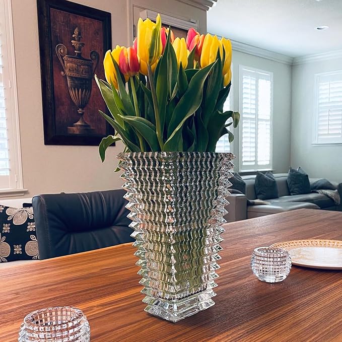 MCMCNCUIU Crystal Vase, Large Crystal Vases for Flowers, Clear Large Flower Vase, Modern Glass Vases for Living Room, Bedroom, Kitchen, Dining Table, Mantle, Wedding, 9 Inches