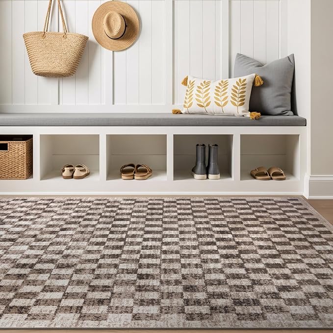Rugshop Beige Checkered Area Rug – Textured Grid Pattern Carpet for Living Room, Bedroom, or Office – Neutral Contemporary Soft Floor Décor 4' x 6' Beige