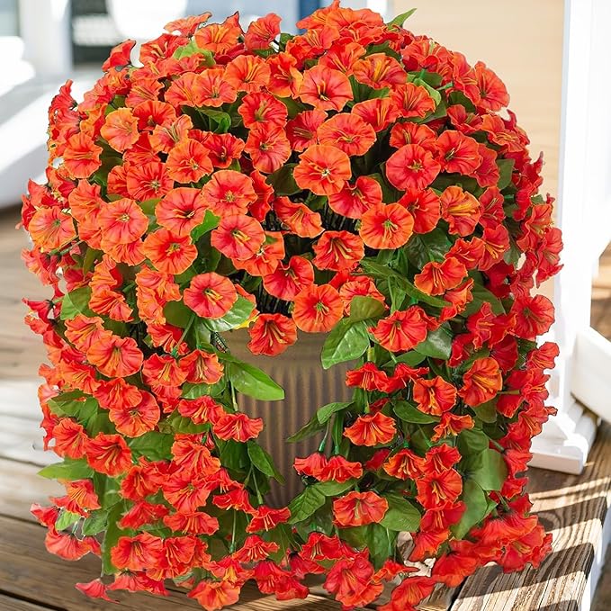 Artificial Fake Fall Hanging Flowers Plants for Outdoor Outside, 2 PCS Faux Silk Orange Morning Glory Trailing Vines Look Real UV Resistant for Autumn Porch Planter Patio Decor