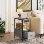 LIDYUK End Table with Charging Station, Narrow Side Table with Drawer and USB Ports & Power Outlets, Nightstand Bedside Tables for Small Spaces, Bedroom, Living Room, Light Grey