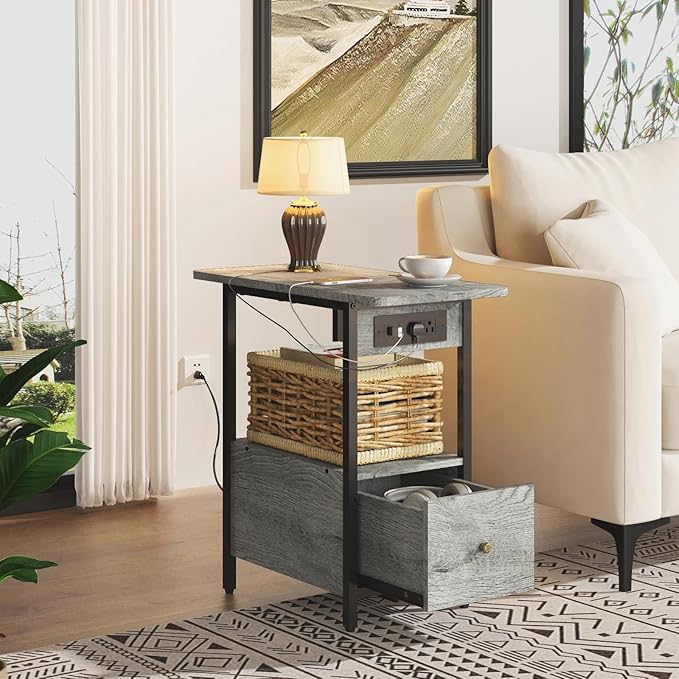 LIDYUK End Table with Charging Station, Narrow Side Table with Drawer and USB Ports & Power Outlets, Nightstand Bedside Tables for Small Spaces, Bedroom, Living Room, Light Grey, Set of 2