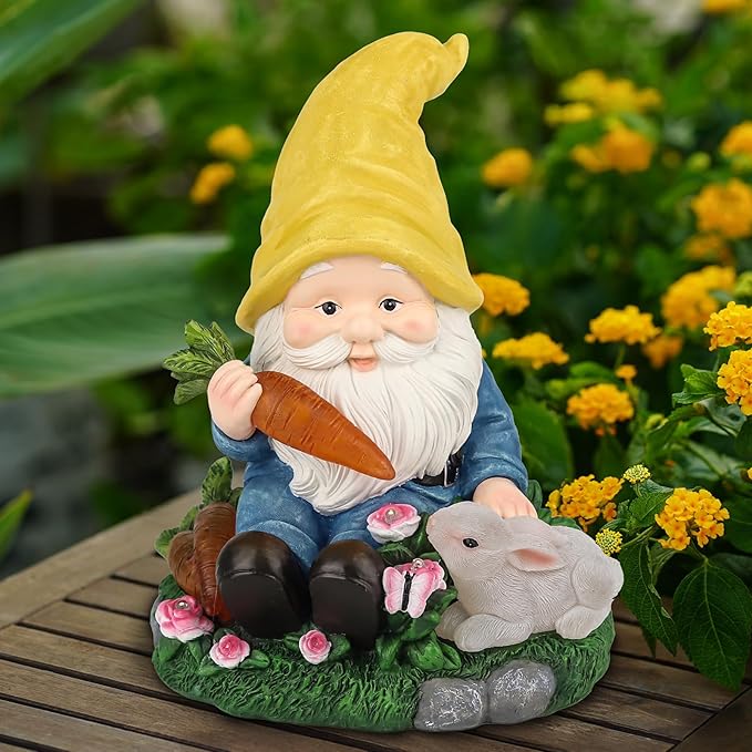 Solar Garden Outdoor Statues Gnome Feeding Rabbit with 6 LED Solar Figurine for Lawn,Patio,Balcony,Yard Decor Unique Housewarming Gift, for Grandfather, Father,Grandma