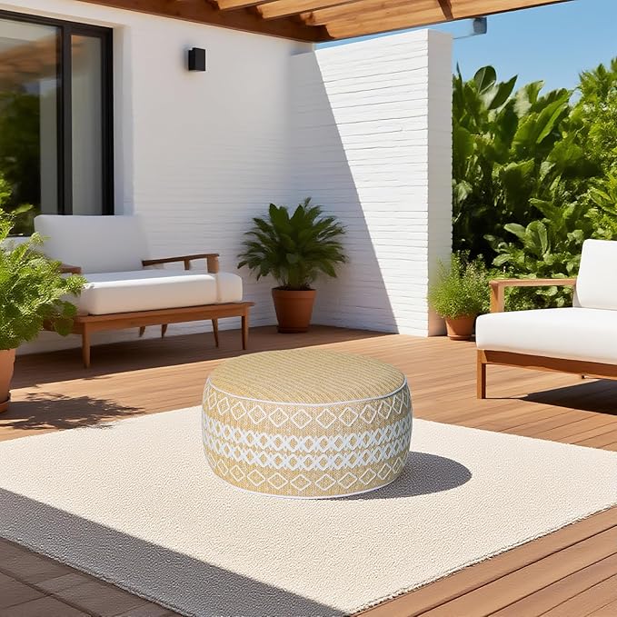 Outdoor Inflatable Ottoman with Air Pump, Embroidery Patio Footrest Stool D21”x H9”, Round Pouf Ottoman with Portable Handle Suitable for Garden, Camping, Bedroom, Living Room