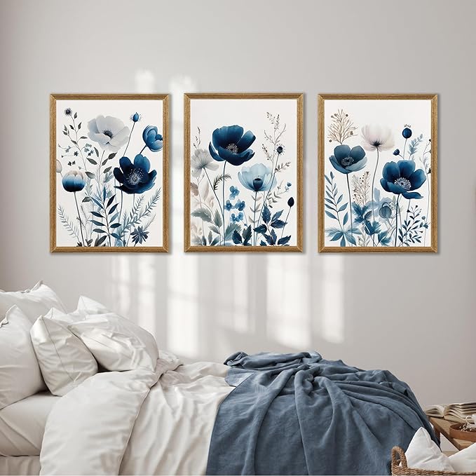DUWQU 3 Pcs Blue Floral Canvas Wall Art, Wood Framed Navy Blue Wildflower Lily Daisy Art Wall Decor, Watercolor Botanical Flower Home Poster Art Prints for Living Room Bedroom Bathroom 16×24 Inches