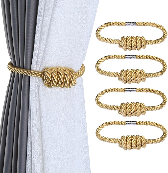 Fenghuangwu 4Pack Magnetic Curtain Tiebacks – Bohemian Style Handmade Woven Tie-Backs for Drapes,Elegant Exquisite Knot Holdbacks,Outdoor Boho & Modern Home Decor（Gold