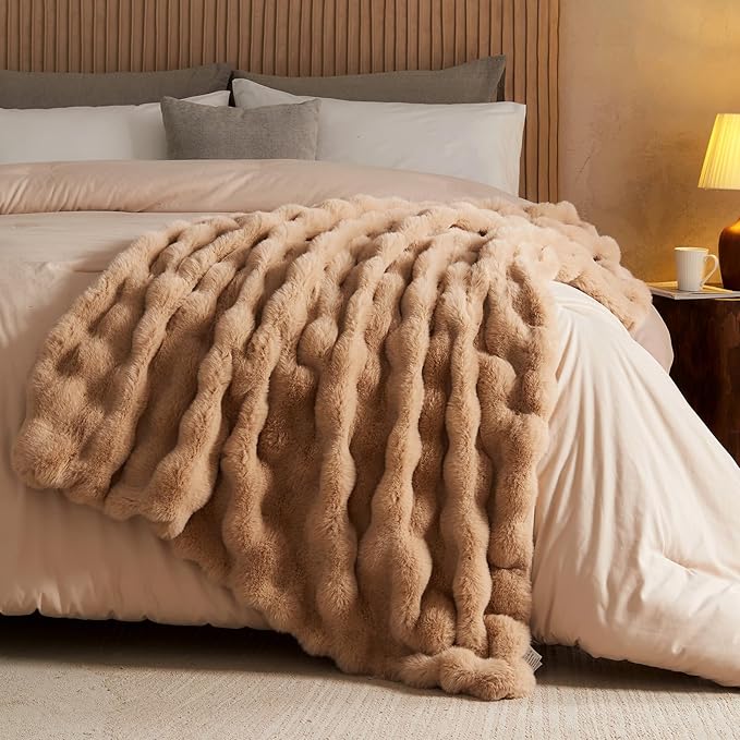 Lotus Karen Faux Fur Blanket - Big Bubble Rabbit Fluff Twin Size, 60x80 Inches