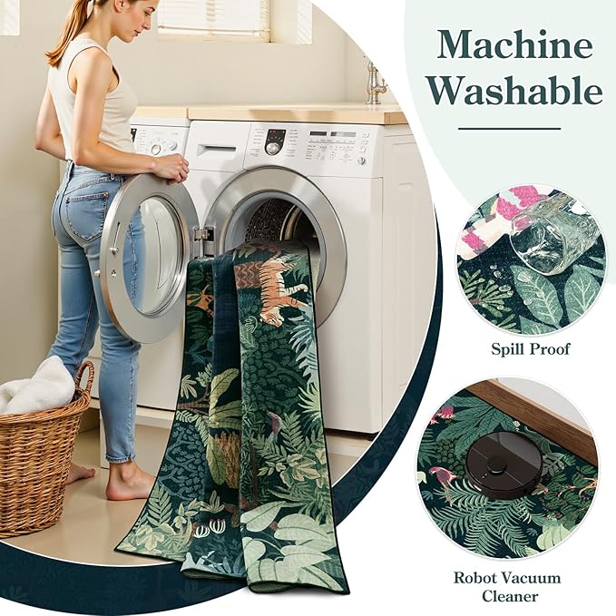 LIVEBOX Washable Bedroom Rug 8x10 Under Bed, Modern Stain Resistant Dark Green Botanical Rug for Living Room Playroom Kids Boy Room, Non-Slip Jungle Forest Print Rugs for Nursery Baby