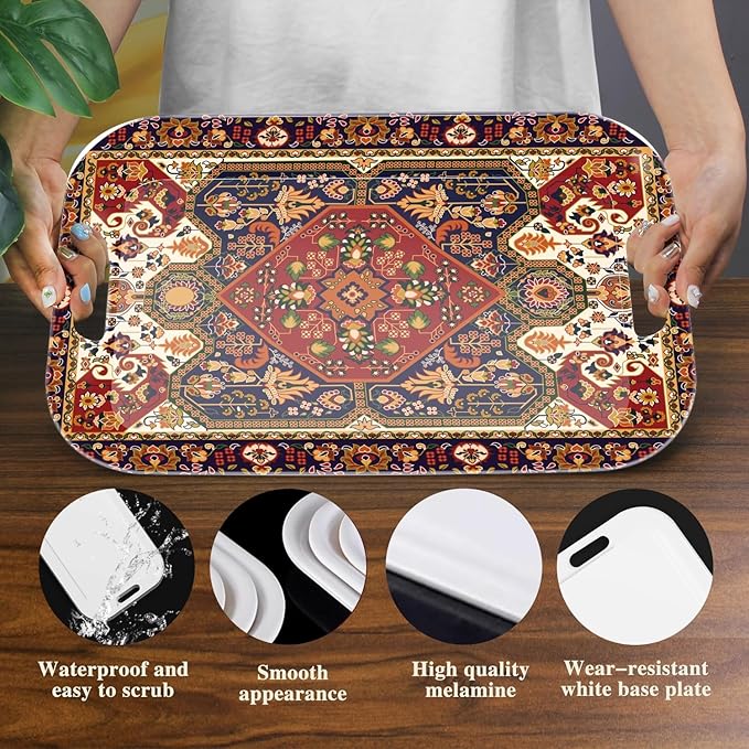 Serving Trays with Handles, 14.5 x 9.8 inch Rectangular Plastic Tray for Restaurant, Kitchen, Dark Red Pattern