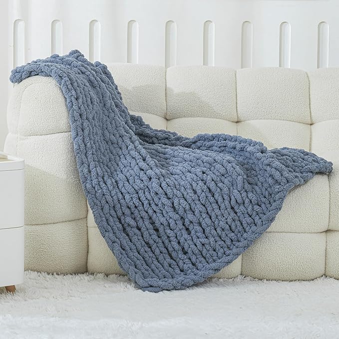 WESHIONGOO Chunky Knit Blanket Throw 40"×40" Knitted Throw Blankets for Couch Bed Fluffy Soft Blanket with Jumbo Chenille Yarn Thick 100% Handmade (Dusty Blue)