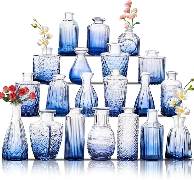 Glass Bud Vase Set of 20, Small Flower Vases, Glass Vases for Centerpieces, Vintage Home Table Decorations Bud Vases (20 Pcs, Blue)
