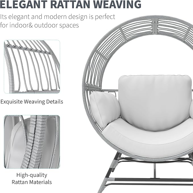 Egg Chair Outdoor Indoor, Oversized Rattan Chair with Thicken Cushion, 350LBS Capacity Wicker Patio Lounge Chair, Basket Chair for Living Room Balcony Porch Backyard, Grey/Light Grey