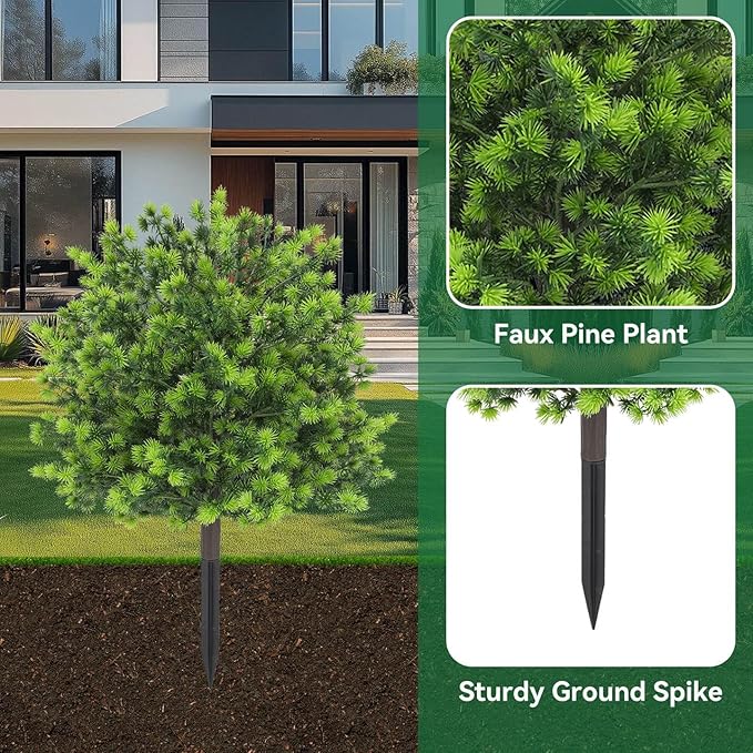Artificial Boxwood Topiary Ball Trees with Ground Spikes UV Resistant Faux Greenery Shrubs Fake Shrubs for Outdoors, Realistic Faux Plants Bushes for Garden Porch Yard Patio Decor (Green Pine)