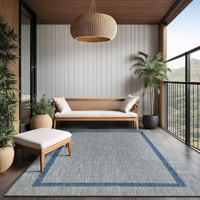 Bordered Outdoor Rug 8x10 Washable Outside Carpet for Indoor Patio Porch Waterproof Easy Cleaning Non Shedding Area Rugs Silver Gray - Blue 8 x 10