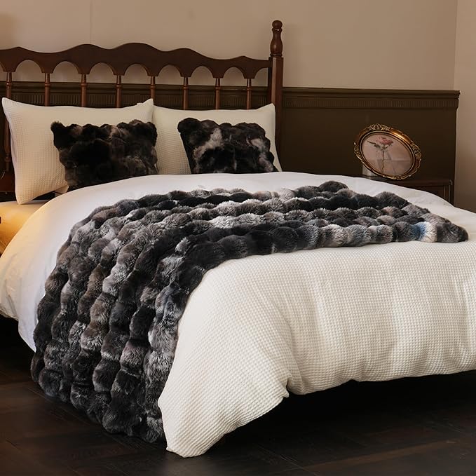 BENVWE Fluffy Faux Fur Throw Blanket for Couch, Soft Plush Thick Cozy Fuzzy Luxury Minky Bubble Blanket for Home Living Room Decor Gift for Women, Tie-dye Grey, 60" x 80", 1100GSM