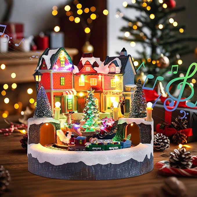 Bdor Christmas Village House with Rotating Train – Lighted Musical Xmas Tabletop Decoration with Santa Sleigh & LED Lights – Electric or Battery Operated Christmas Scene Décor, 9"x9"x9"