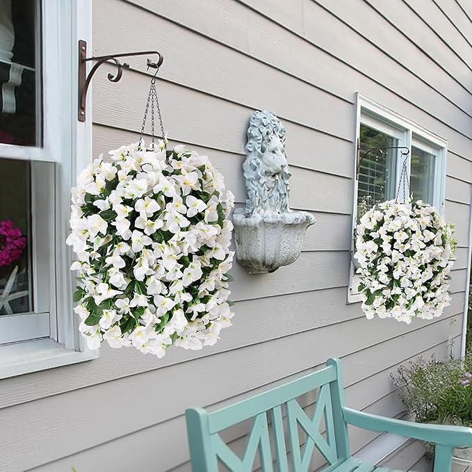 Artificial Bougainvillea Faux Flowers Plants Baskets for Outdoor Outside Summer Decoration, 3 PCS Fake Silk Long Hanging Vines UV Resistant Realistic for Front Door Porch Patio Balcony, White