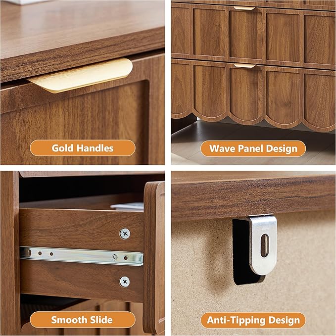 5 Drawer Dresser for Bedroom, Modern Closet Chest of Drawers with Wave Fluted Drawer, Wood Storage Small Dresser Organizer for Nursery Bedroom Living Room Hallway Closet (Walnut)