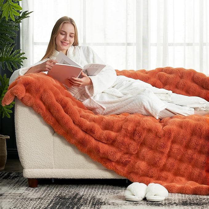 Cozy Bliss Faux Fur Throw Blanket for Couch, Fuzzy Soft Plush Thick Bubble Blanket for Sofa Bedroom Living Room, 50 * 60 Inches Burnt Orange
