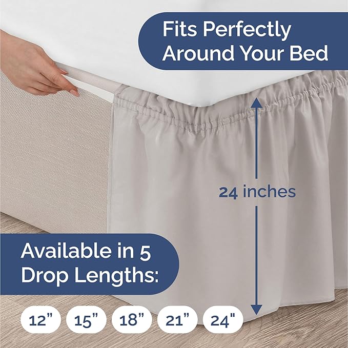 Wrap Around Dust Ruffle Bed Skirt - Light Grey - for Queen Size Beds with 24 Inch Drop - Elastic Strap - Adjustable Pleated Bedskirt with Brushed Fabric and Wrinkle Free - For Women, Men, Kids & Teens