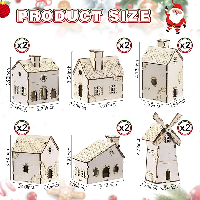 Hiboom 24 Pcs DIY Christmas Village Sets Wood Gingerbread Houses Christmas Mini Wooden House Gift for Winter Xmas Party Crafts Decorations
