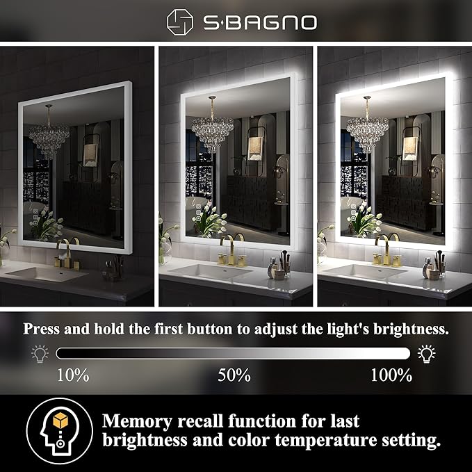 SBAGNO LED Bathroom Mirror with Lights, 32''x28'' 3D Border Bathroom Vanity Wall Mirror with Bluetooth, Anti-Fog, Stepless Dimming, 3 Colors, Tempered Glass Lighted Vanity Mirror for Bathroom