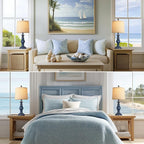 QiMH Farmhouse Table Lamp Set of 2, Rustic Table Lamps for Living Room, Vintage Nightstand Lamp with Rotary Switch, Beside Lamps for Bedroom, Traditional Table Lamps with Linen Shade, Blue