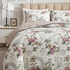 Flysheep 3 Pieces Quilt Set California King Size, Beige Floral Reversible Bedspread Coverlet Set, Soft Microfiber Lightweight Bed Cover for All Season (102" x 114", 1 Quilt+ 2 Pillow Shams)