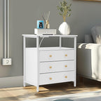 3 Wooden Drawers Nightstand, 27 Inch Wide Night Stand Set 2 with Charging Station and Adjustable Drawers, Small Dresser for Closet, Bedside Table for Living Room/Bedroom/Office, White.