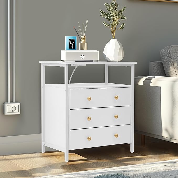 3 Wooden Drawers Night Stand, 27 Inch Wide Nightstand with Charging Station and Adjustable Drawers, Small Dresser for Closet, Bedside Table for Living Room/Bedroom/Office, White.