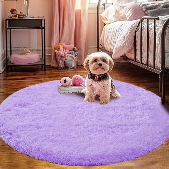 CAIYUECS Purple Round Fluffy Rug for Bedroom: Circle Rugs for Kids Room- Plush Shag Area Rug for Girls- Fuzzy Soft Bedroom Rug, Cute Room Decor, Purple