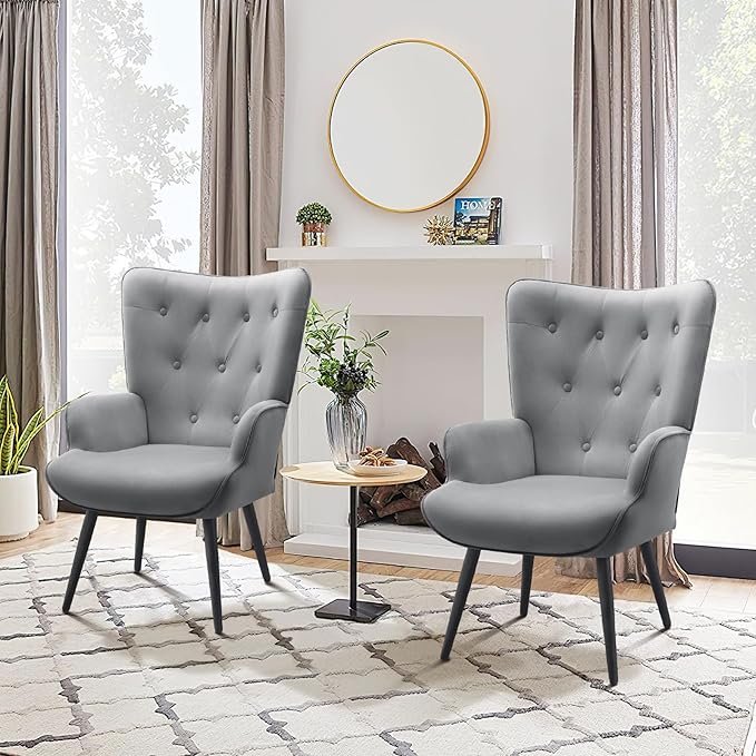 Furnimart Accent Chairs Set of 2, Grey Velvet Chair Reading Chair Armchair with High Backrest, Wingback Corner Chair Mid Century Modern Chair for Living Room, Bedroom, Waiting Room