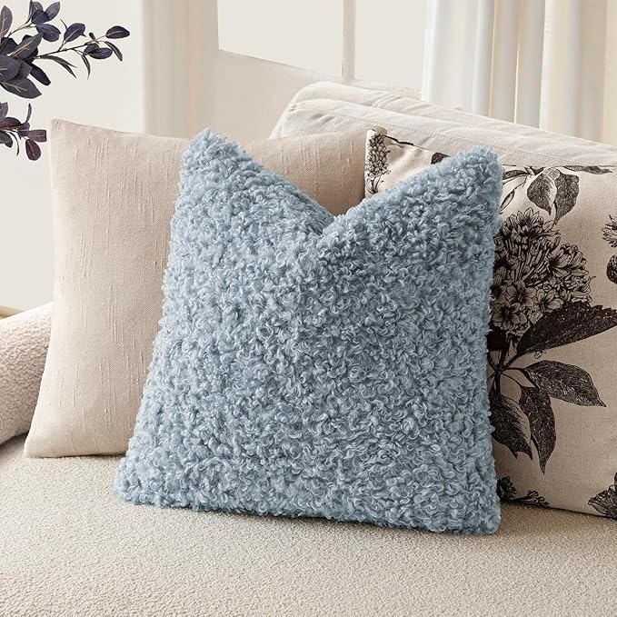 Foindtower 2 Pieces 18x18 Inch Misty Blue,Faux Fur Throw Pillow Cover Accent Sherpa Furry Pillow Covers Fuzzy Soft Pillowcases Cozy Sheepskin Decorative Fleece Cushion Case for Bed Couch Living Room