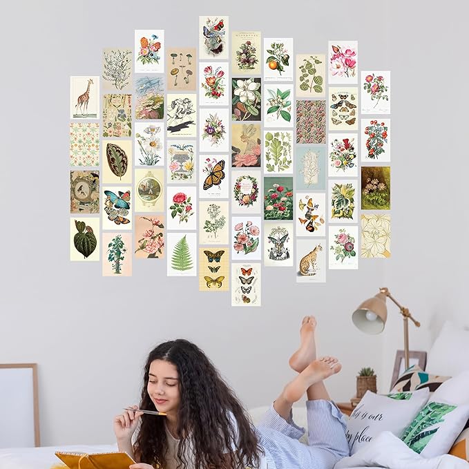 Artivo Vintage Decor Wall Collage Kit, Botanical Wall Collage Cards, Vintage Wall Decor Art Print, Bedroom Decor for Women, 50 Set 4x6 inch