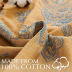 jinchan Boho 100% Cotton Muslin Queen Size 80x90 Inches Blanket Lightweight 4-Layer Quilted Soft Yellow and Blue Floral Throw Blanket Reversible Comfy Flower Rustic All Seasons Couch Bedroom Decor