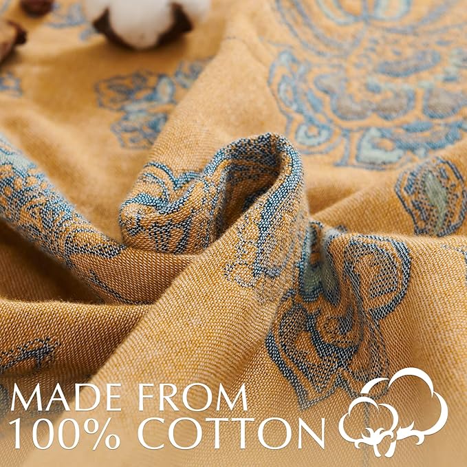 jinchan Boho 100% Cotton Muslin Twin Size 50x60 Inches Blanket Lightweight 4-Layer Quilted Soft Yellow and Blue Floral Throw Blanket Reversible Comfy Flower Breathable All Seasons Couch Bedroom Decor