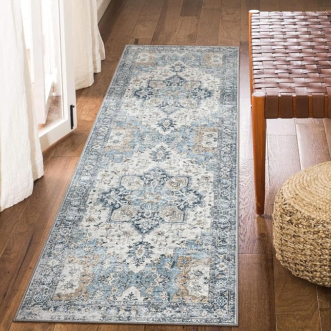 GENIMO Runner Rug 2x7, Machine Washable, Non Slip Vintage Hallway Runner Rug, Low Pile Lightweight Rugs for Entryway, Hallway, Corridor and Kitchen, Blue