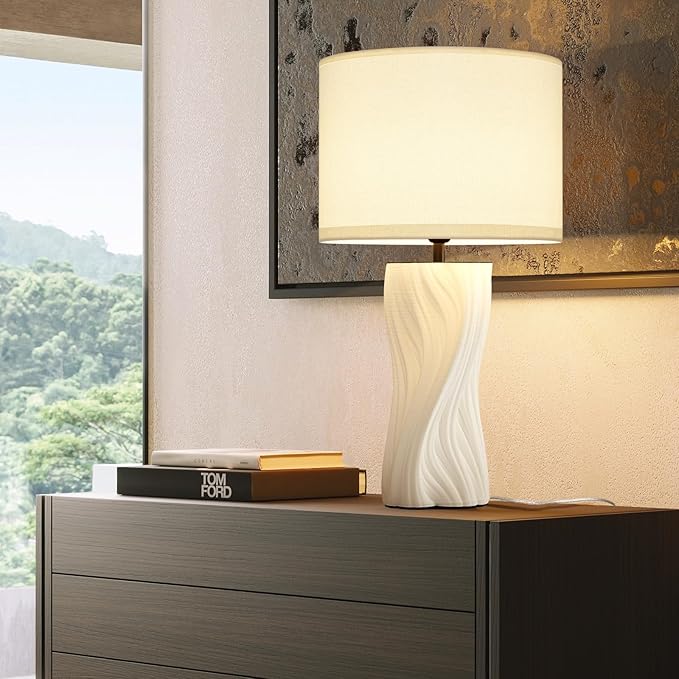 White Ceramic Table Lamps 21.5In, Modern Plug in Table Lamp Decor for Bedroom Bedside Nightstand Living Room Office Desk