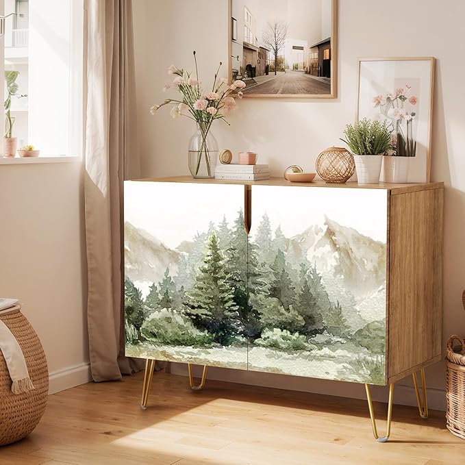 SIGNWIN Sideboard Buffet Cabinet, Kitchen Storage Cabinet with 2 Doors, Pastel Watercolor Pine Tree Fores, Cupboard Console Table for Dining Room - 35" L x 18" W x 29" H