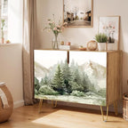 SIGNWIN Sideboard Buffet Cabinet, Kitchen Storage Cabinet with 2 Doors, Pastel Watercolor Pine Tree Fores, Cupboard Console Table for Dining Room - 35" L x 18" W x 29" H