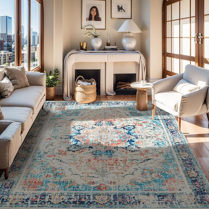 Topllen Washable Area Rug - 5'x7' Boho Living Room Rug, Non-Slip Soft Rugs Indoor for Bedroom Dining Room Office, Vintage Throw Large Carpet Stain Resistance (Multi, 5x7ft)