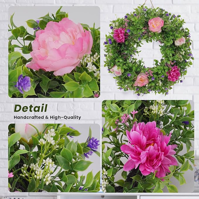 Summer Wreaths for Front Door - 18 Inch Artificial Greenery Wreath, Spring Floral Door Hanging with Textured Leaves, All-Weather Porch Decor for Farmhouse Entryway