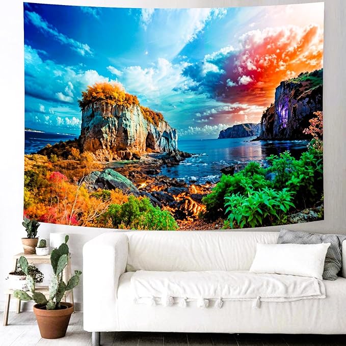 Delur Coastal Ocean Beach Tapestry Tropical Forest Tree Sunrise Sea Landscape Tapestry Wall Hanging Wave Sunset Nature Colorful Spiritual Headboard for Bedroom Living Room Home Decor (51.2" x 59.1")