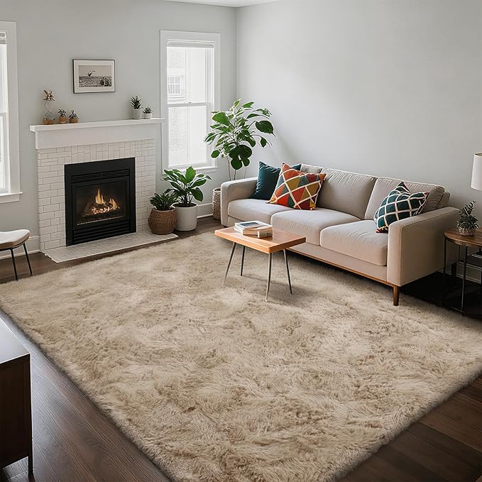 Fluffy Rug Shaggy Area Rug, Beige 4x6 Area Rugs for Bedroom, Small Bedside Rug, Soft Fluffy Shaggy Entryway Throw Rugs for Living Room Bedroom Kids Room Home Decor