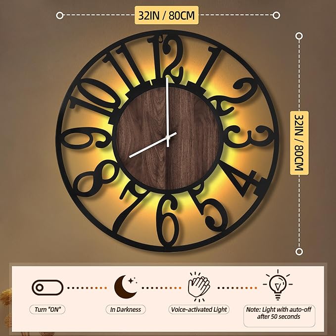 LEIKE Large LED Wall Clocks,Silent,Non Ticking,Battery Operated Rustic Round Modern Big Wood Wall Clock for Living Room, Bedroom,Kitchen,Farmhouse,Office,Home Decor -32" Black,LED,Arabic Number